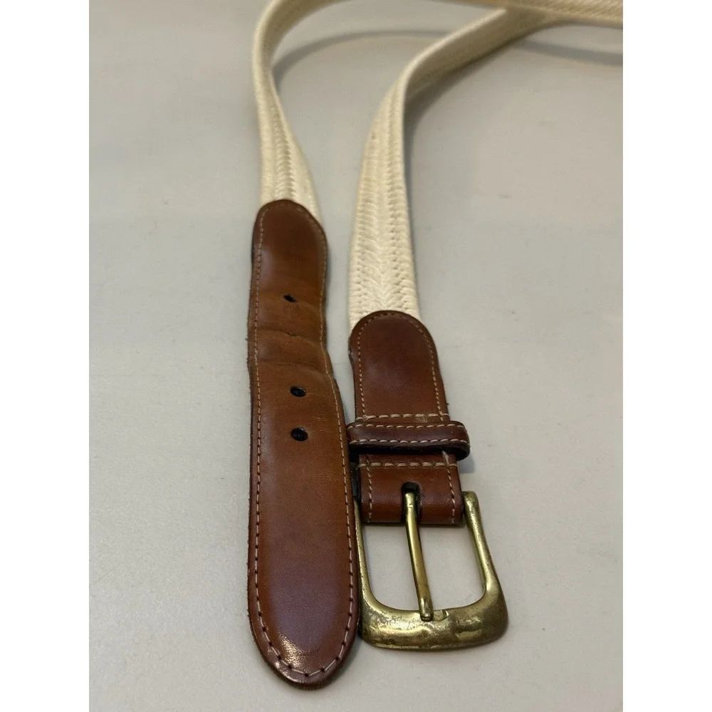 Vintage Torino brown leather belt 40 Solid Brass Buckle Woven‎ Beige Braided
